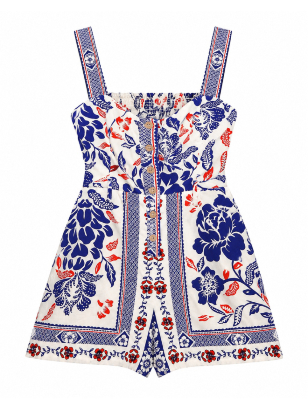 Rachel Zoe Floral Romper Size 12 Blue White Red Smocked Linen Blend NWT - Picture 2 of 6